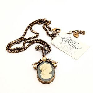 Designer Signed Sweet Romance Brass Tone Long Cameo Pendant Necklace